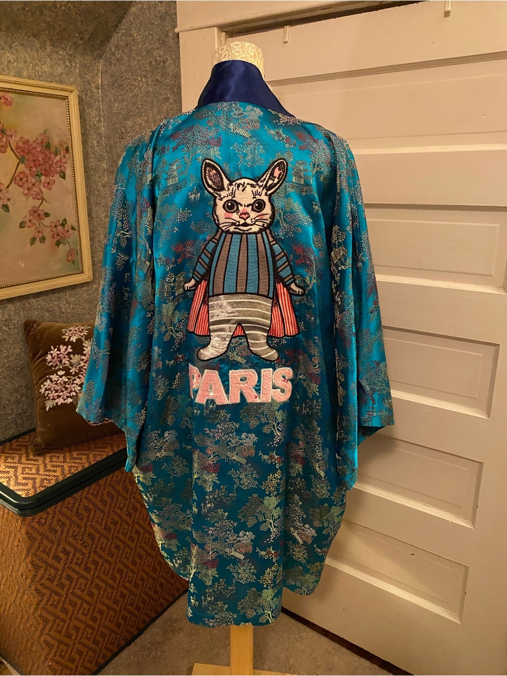 Custom teal Asian kimono sequined patches unicorn Diamond Paris bunny medium